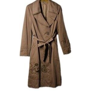 Vtg Nihan Womens Trench Coat Sz 44 (10/12) Tan Embroidered Boho Sophisticated